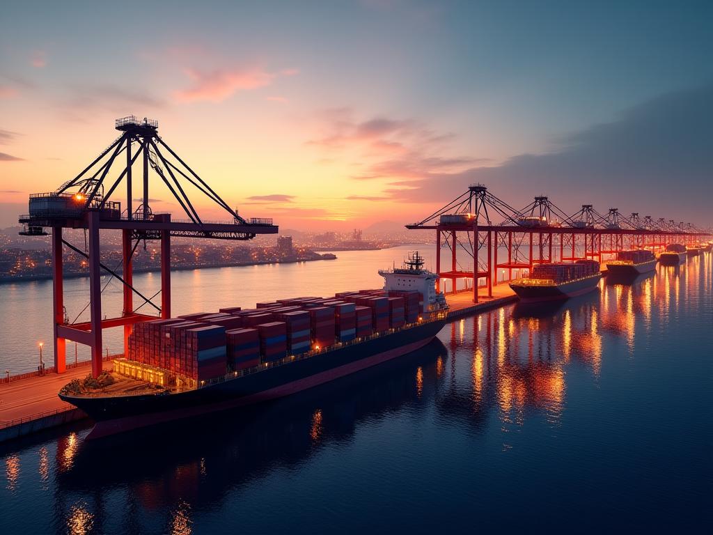 A modern container port at dusk representing global logistics