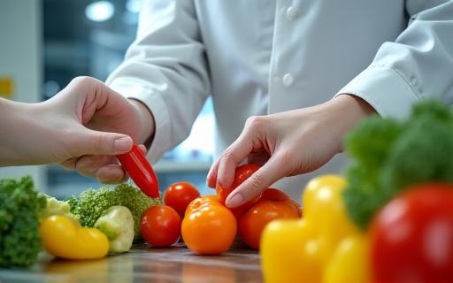 Fresh produce being inspected in a clean facility.