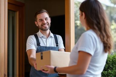 Delivery person handing a package to a customer
