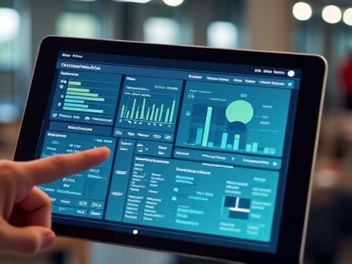 A tablet displaying a logistics management dashboard with graphs and charts.