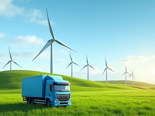 Wind turbines in a field near a logistics truck, symbolizing green energy.