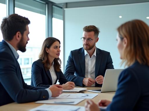 A diverse team of professionals discussing a project in a modern office.